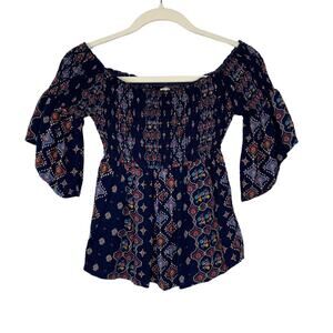 Hollister Boho Top Ruched Elastic Ruffle Sleeves Navy Blue XS